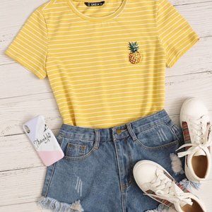 Shein Womens Yellow Striped Embroidered Pineapple Crew Neck Cropped Size Large